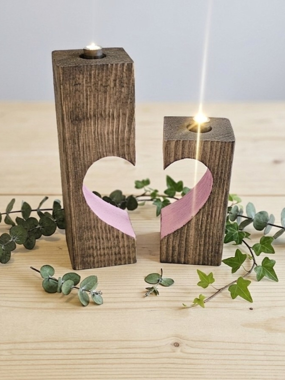 Heart Pair Wooden Decor With LED Lights Handcrafted